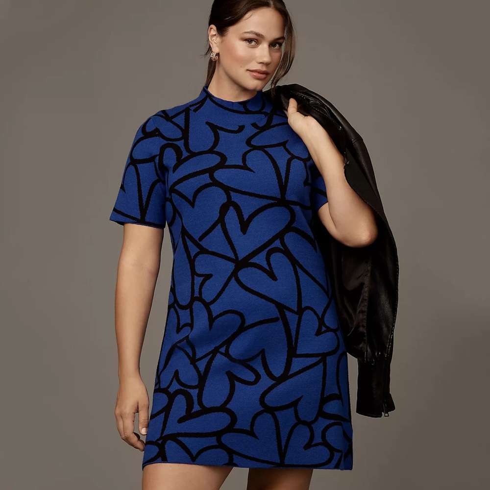 NWT Anthropologie The Nina Short-Sleeve Mock-Neck Mod Mini Dress Hearts Size 1X